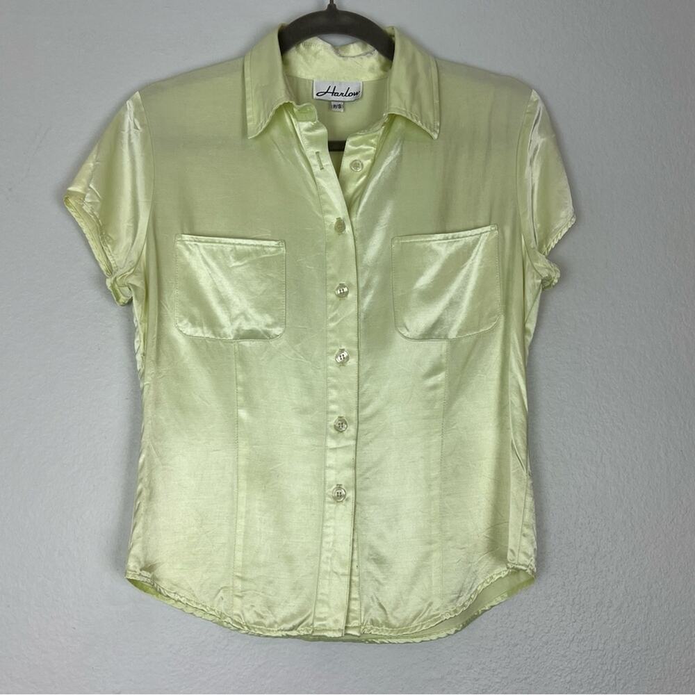 Vintage 90s y2k Harlow Silky Button Down Shirt Light Lime Green Small